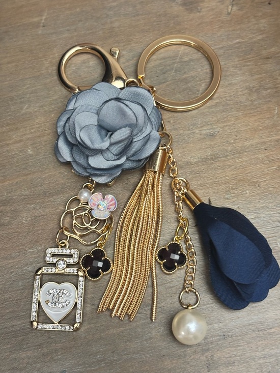 Upcycled Accessories - CHANEL Rhinestone perfume bottle charm, Flower, Chain, Purple Clover Bag Charm